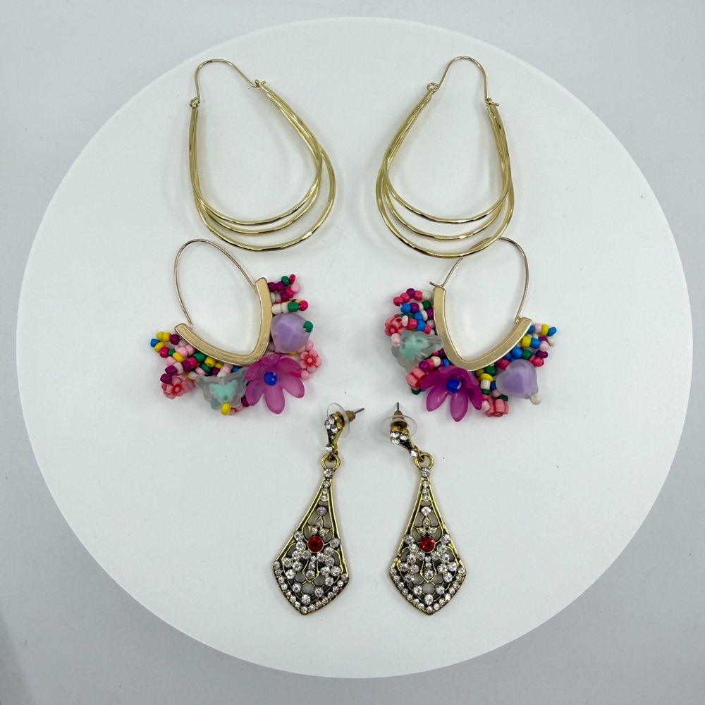 3 Pair Gold Tone Hoop Floral Beaded Rhinestone Dangle Earrings Statement Lot